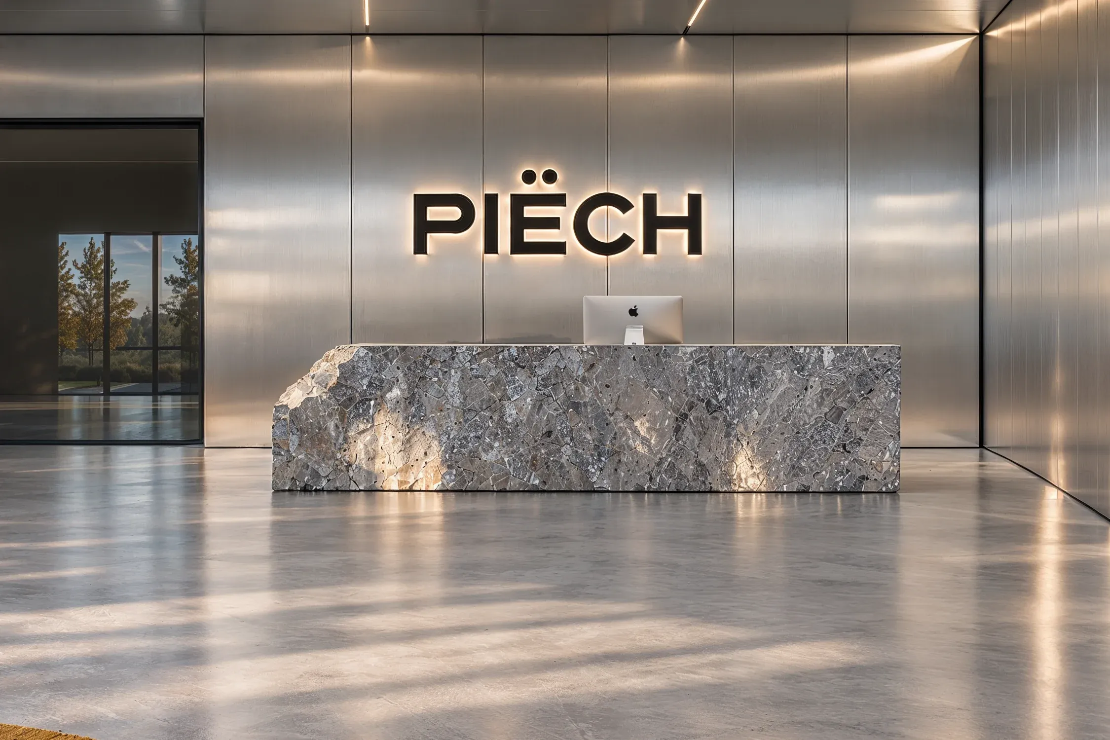 Empfangshalle des geplanten Piëch R&D Centers: hinterleuchteter Schriftzug, Natursteintresen und Videowand