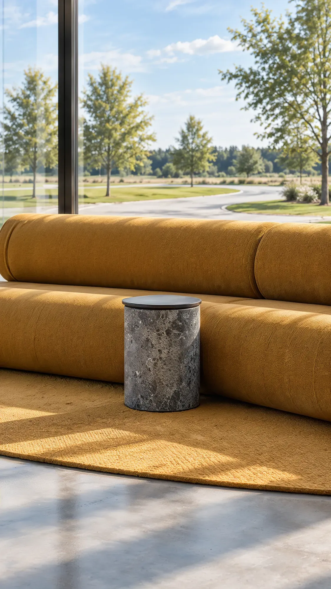 Detail der Wartezone: gepolsterte Sitzrolle in Senfgelb mit Beistelltisch aus dunklem Naturstein am Fenster