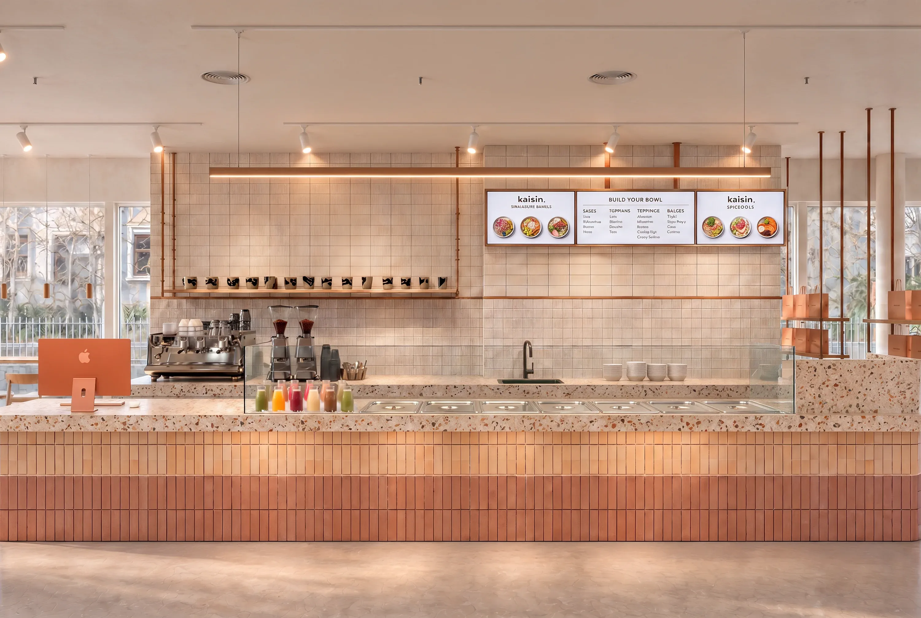 Bowl-Bar von Kaisin an der Freischützgasse: Terrazzo-Theke mit terrakottafarbenen Stäbchenfliesen und Menütafeln